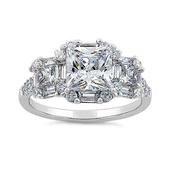 New Sterling Silver Classic Princess, Emerald & Round Cut Clear CZ Ring - Picture 2 of 3